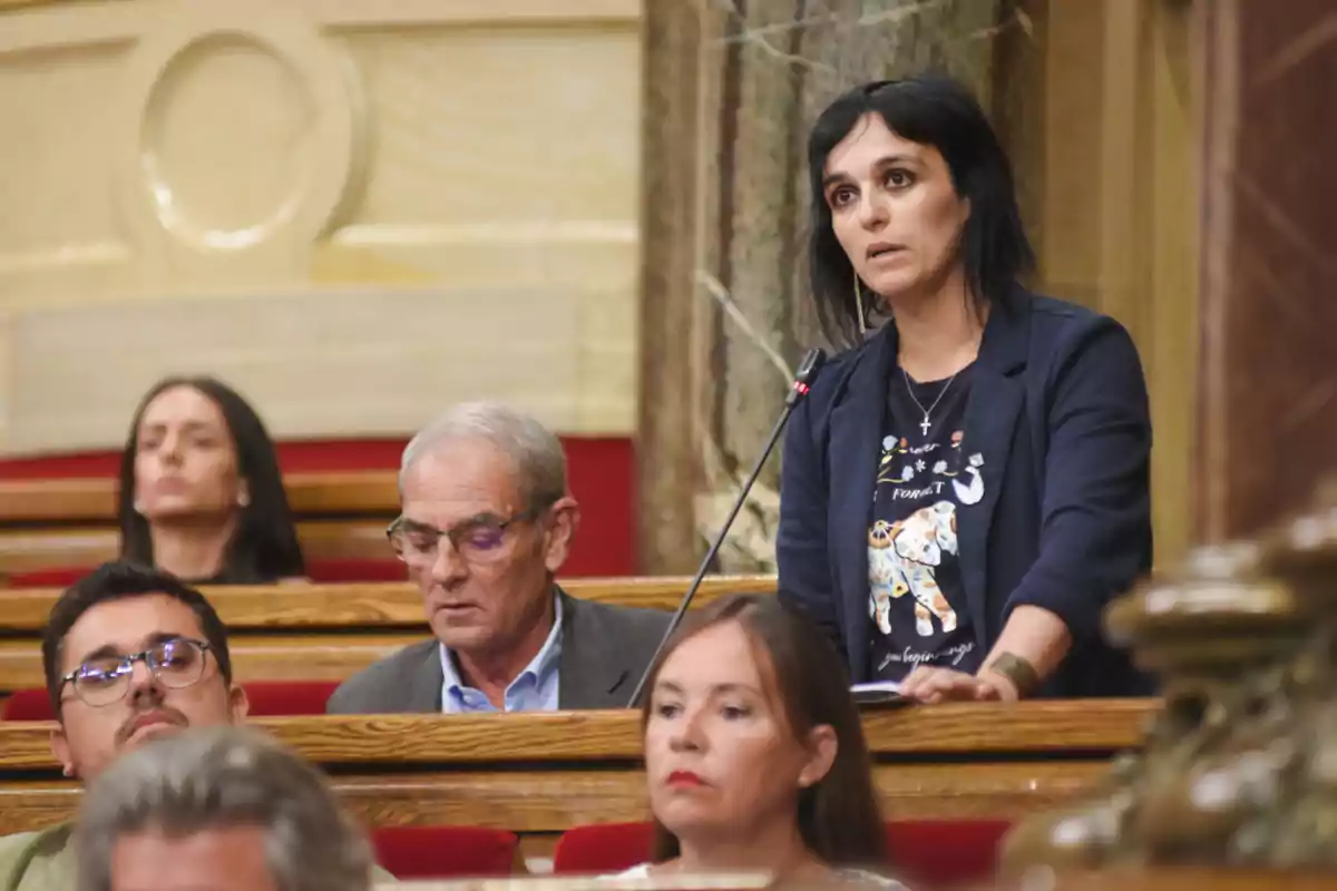 Una mujer de pie hablando en un micrófono en un entorno formal con varias personas sentadas detrás de ella.