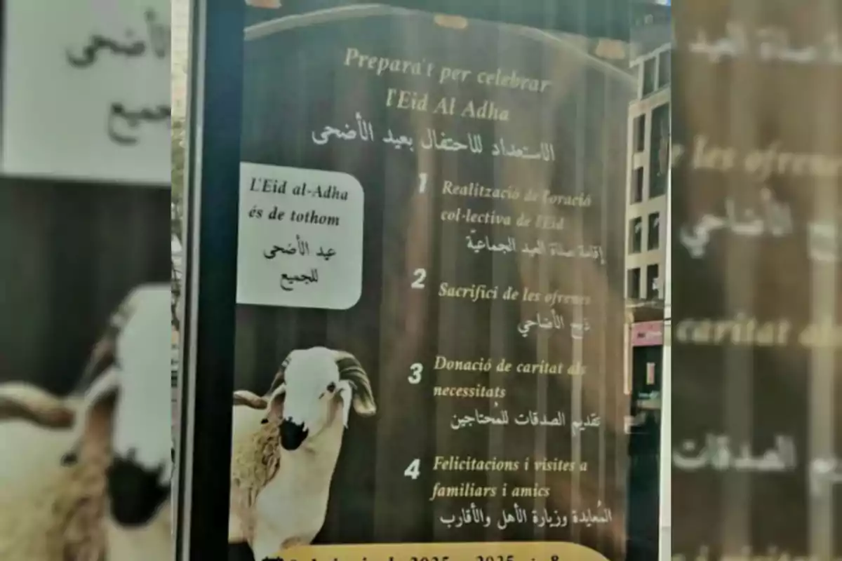 Cartel informativo sobre la celebración del Eid al-Adha en varios idiomas con una oveja en la parte inferior y una lista de actividades relacionadas con la festividad.