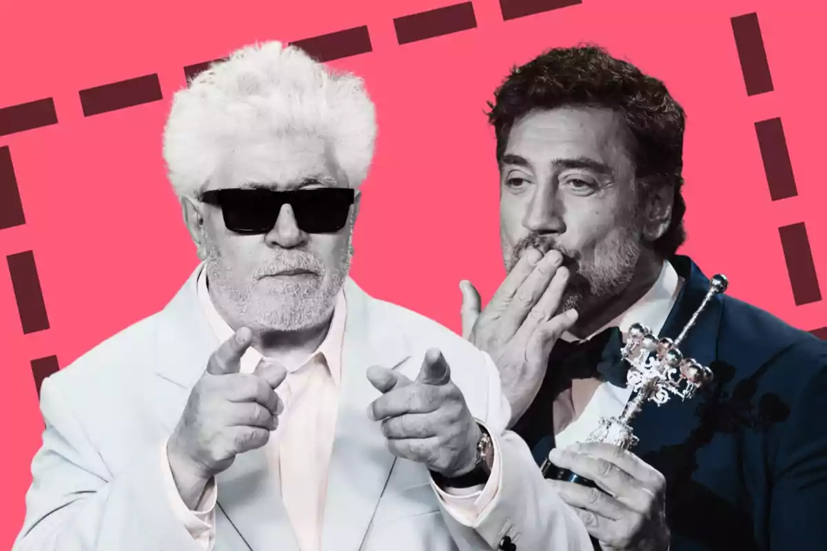 Pedro Almodóvar y Javier Bardem sobre un fondo rosa con líneas negras.