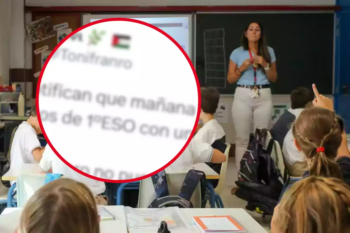 Una profesora está de pie frente a una pizarra en un aula, mientras varios estudiantes están sentados en sus pupitres; en primer plano, hay un círculo rojo que amplía un mensaje borroso.