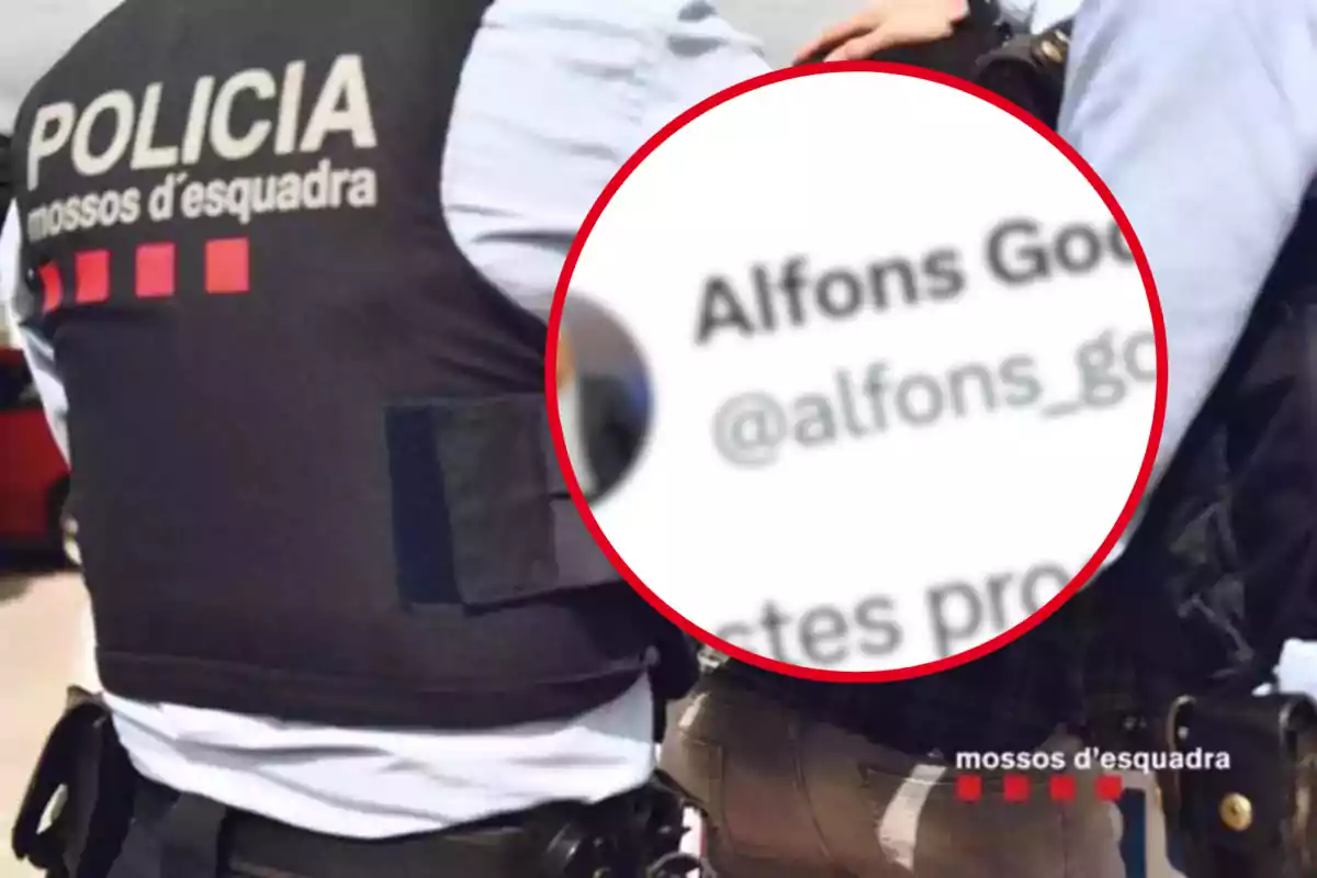 Policías de los Mossos d'Esquadra con un círculo resaltando un nombre de usuario de Twitter.