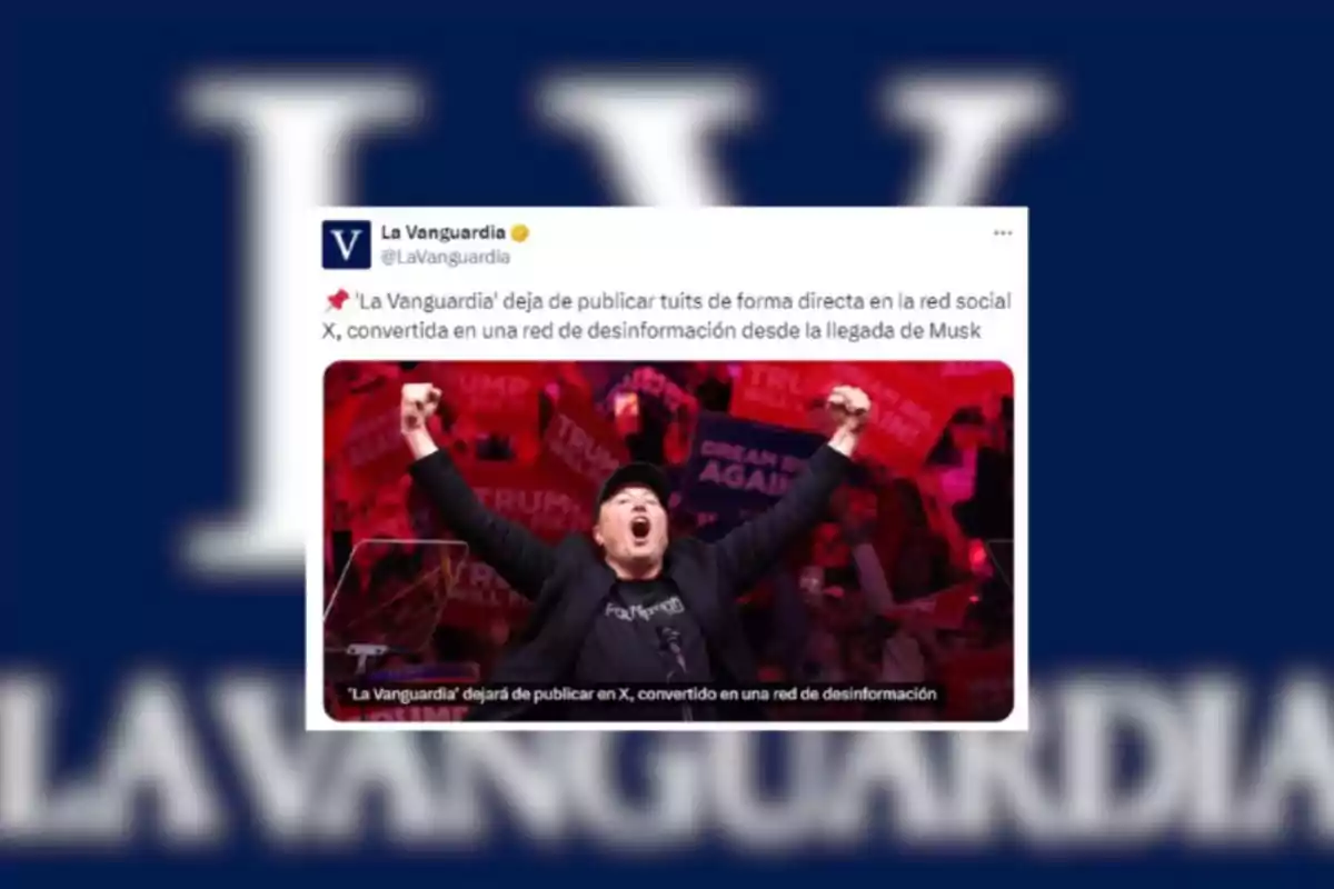 Una captura de pantalla de un tuit de La Vanguardia que anuncia que dejarán de publicar en la red social X debido a su conversión en una red de desinformación tras la llegada de Musk.