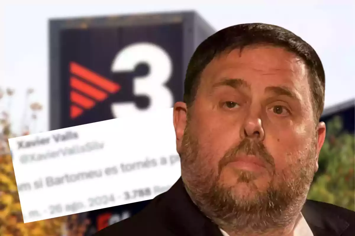 Junqueras e en primer plano, de fondo se ve el logotipo de TV3 y un tuit parcialmente visible.