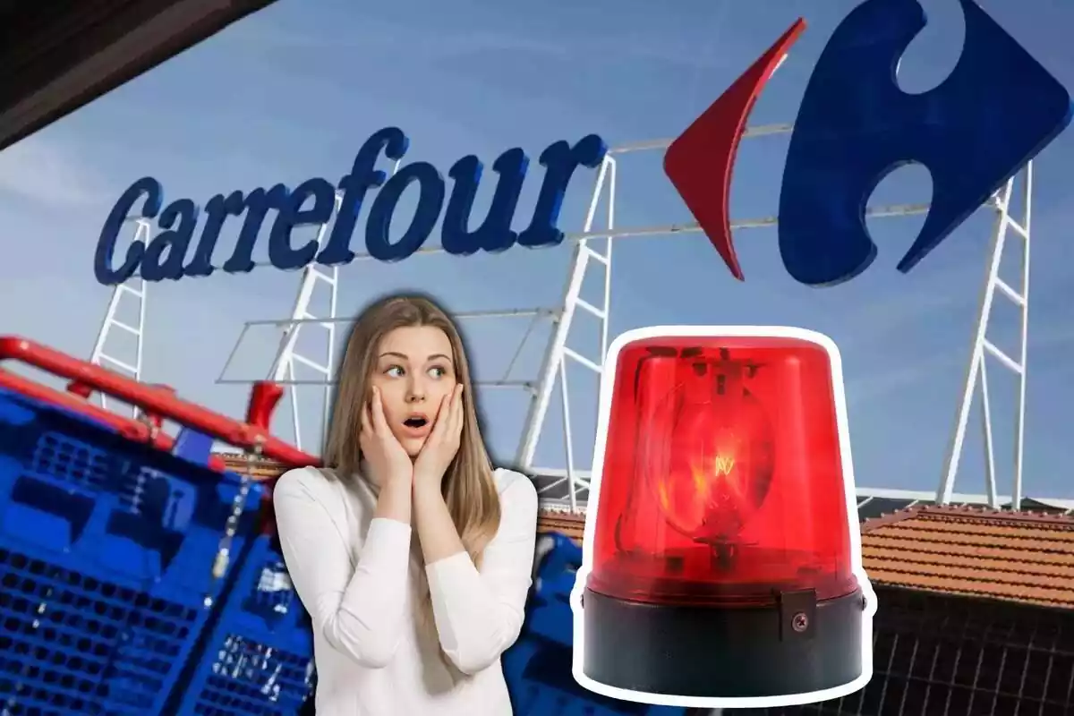 Mujer asustada mira una sirena en Carrefour