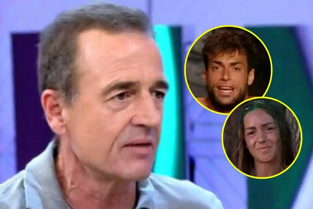 Alessandro Lequio de cabello corto y canoso en Vamos a ver en primer plano con Montoya y Anita en Supervivientse dentro de círculos amarillos en la esquina superior derecha sobre un fondo de colores claros
