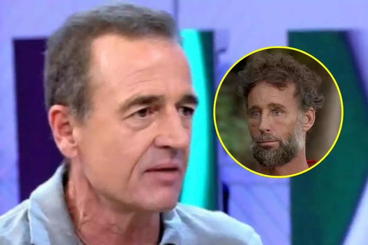 Primer plano de Alessandro Lequio de cabello corto y canoso en un estudio de televisión de Vamos a ver con un recuadro circular que muestra a Álvaro Muñoz Escassi con barba y aspecto más desaliñado en Supervivientes