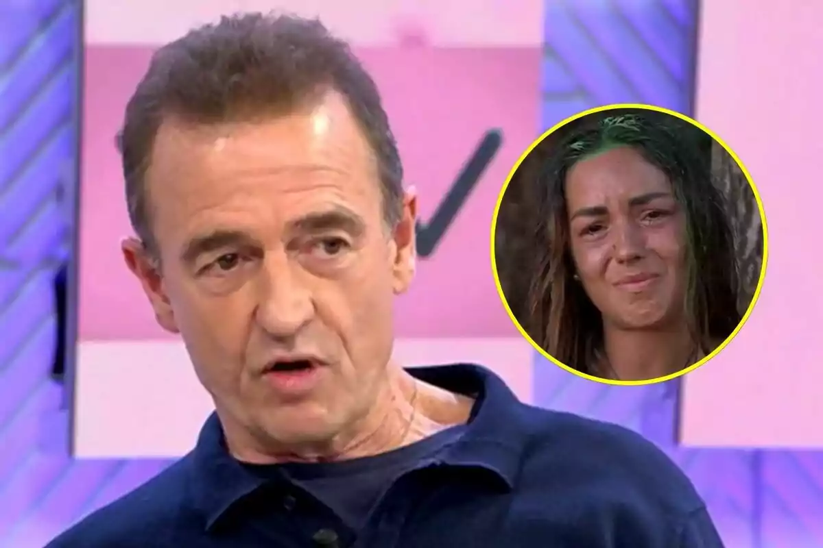 Alessandro Lequio de mediana edad hablando en Vamos a ver con la imagen de Anita llorando en Supervivientes dentro de un círculo amarillo en la esquina superior derecha.