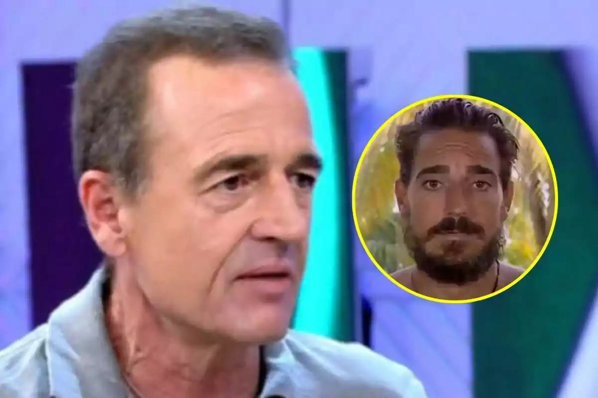 Alessandro Lequio de cabello corto y canoso en Vamos a ver en primer plano con expresión seria y al fondo un recuadro circular amarillo muestra a Damián Quintero de barba y cabello oscuro en Supervivientes con fondo de vegetación.
