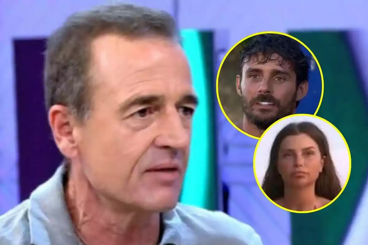 Alessandro Lequio de cabello corto y canoso aparece en Vamos a ver primer plano mientras que en el fondo se ven dos rostros enmarcados en círculos amarillos, uno de Manuel González con barba y otro de Gabriella con cabello largo en Supervivientes.