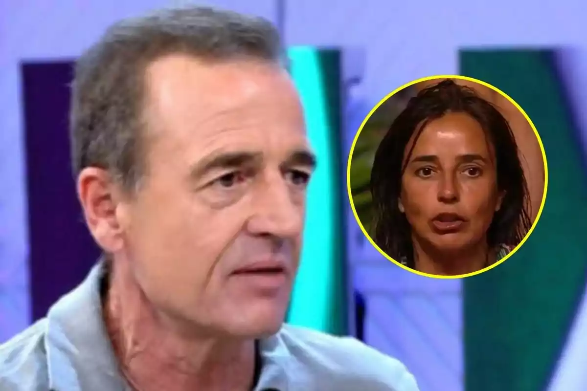 Alessandro Lequio de cabello corto y canoso en Vamos a ver en primer plano con Carmen Alcayde en Supervivientes en un círculo amarillo al fondo