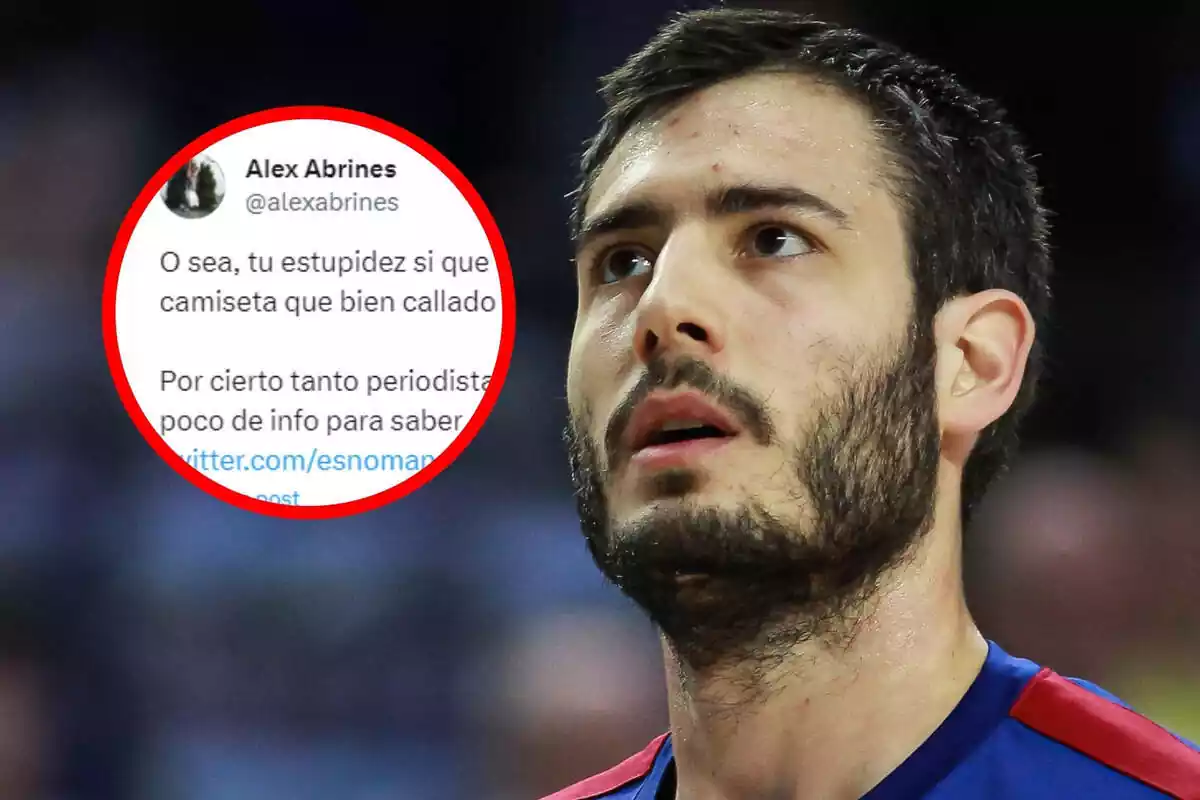 Álex Abrines mirando hacia arriba con un recorte de X de su respuesta al usuario Manu