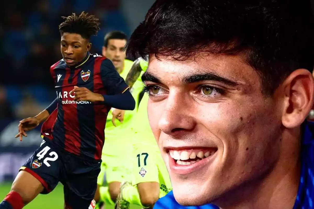 El lateral Álex Valle en primer plano junto a una foto de Buba Sangare, el debutante más joven de la historia de LaLiga HyperMotion.