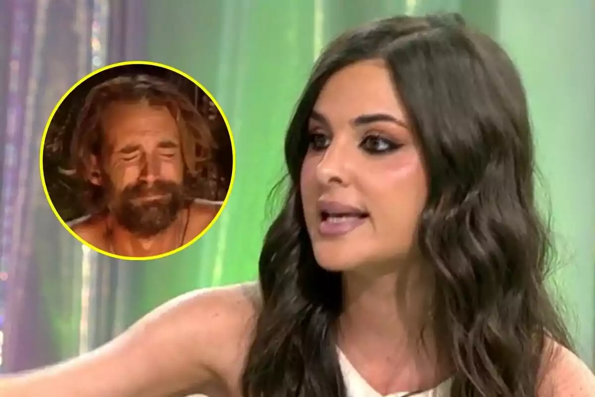 Alexia Rivas de cabello oscuro está hablando en Fiesta, mientras que en un recuadro circular se muestra a Álex Adrover con barba y ojos cerrados en Supervivientes.