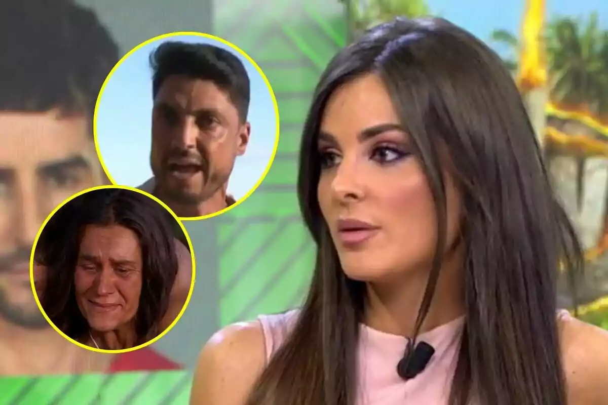 Alexia Rivas con cabello oscuro y largo está en Vamos a ver, mientras dos imágenes circulares muestran a otras Carlos Calderón y Laura Cuevas en diferentes estados emocionales en Supervivientes.