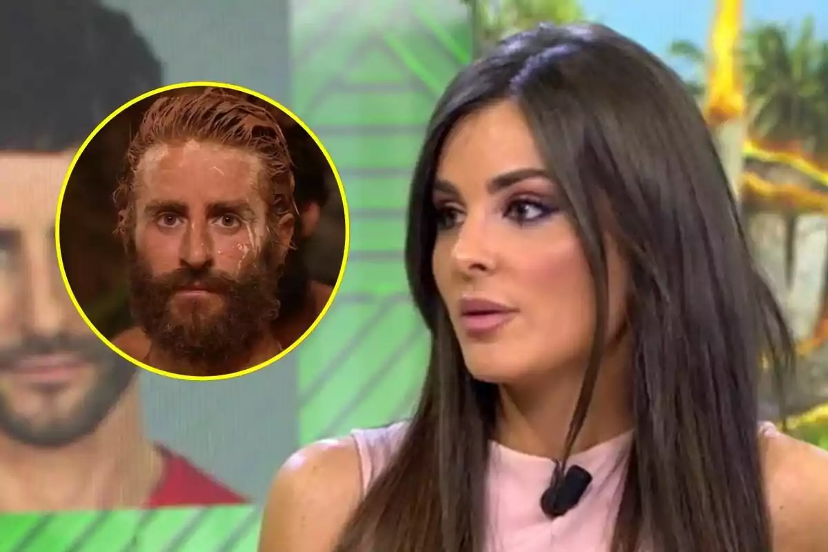 Alexia Rivas de cabello largo y lacio hablando en Vamos a ver con la imagen de Pelayo Díaz barbudo en Supervivientes dentro de un círculo amarillo en la pantalla
