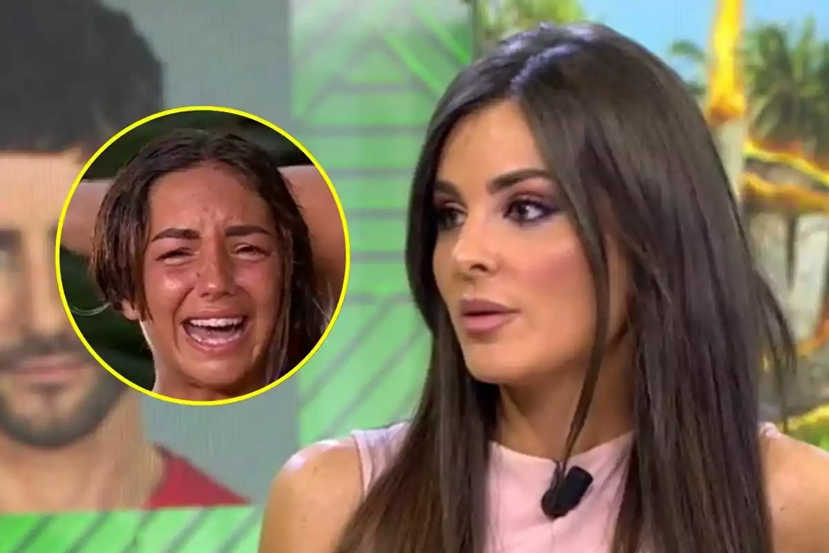Alexia Rivas de cabello largo y liso hablando en Vamos a ver con un recuadro que muestra a Anita llorando en Supervivientes