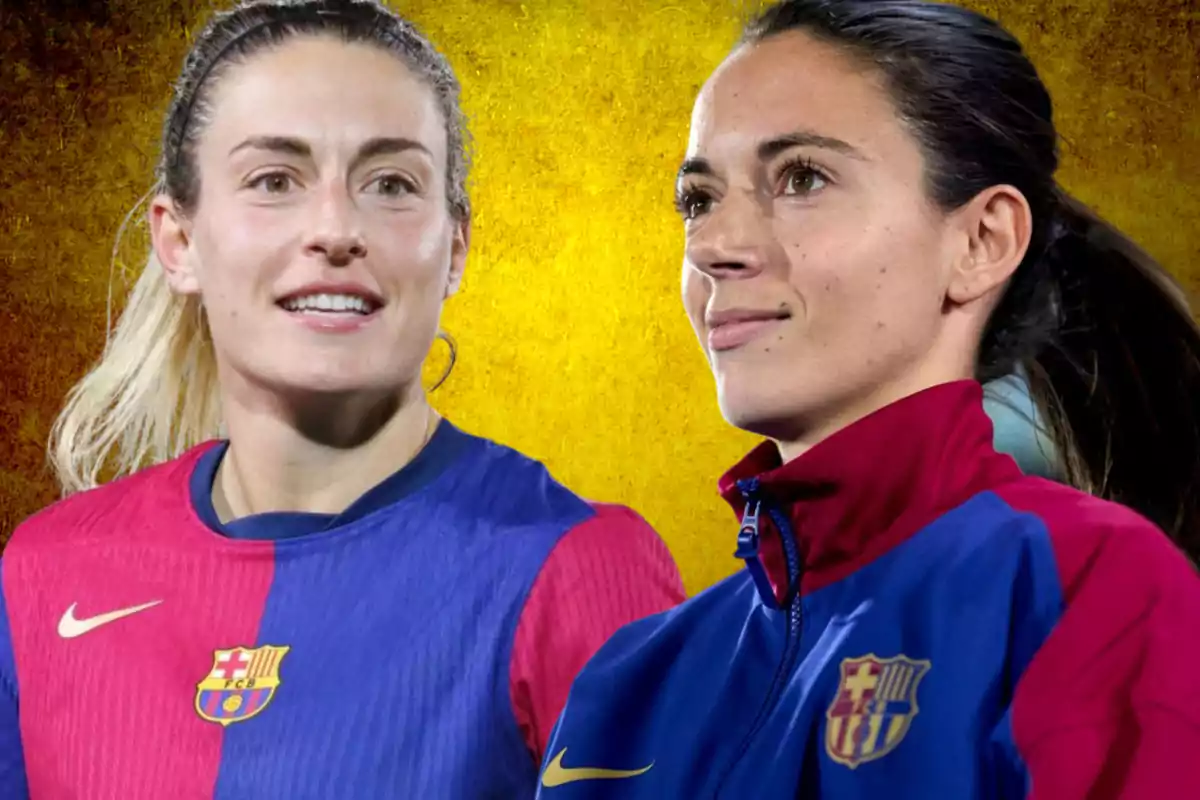 Dos jugadoras de fútbol con uniformes del FC Barcelona posan frente a un fondo amarillo.