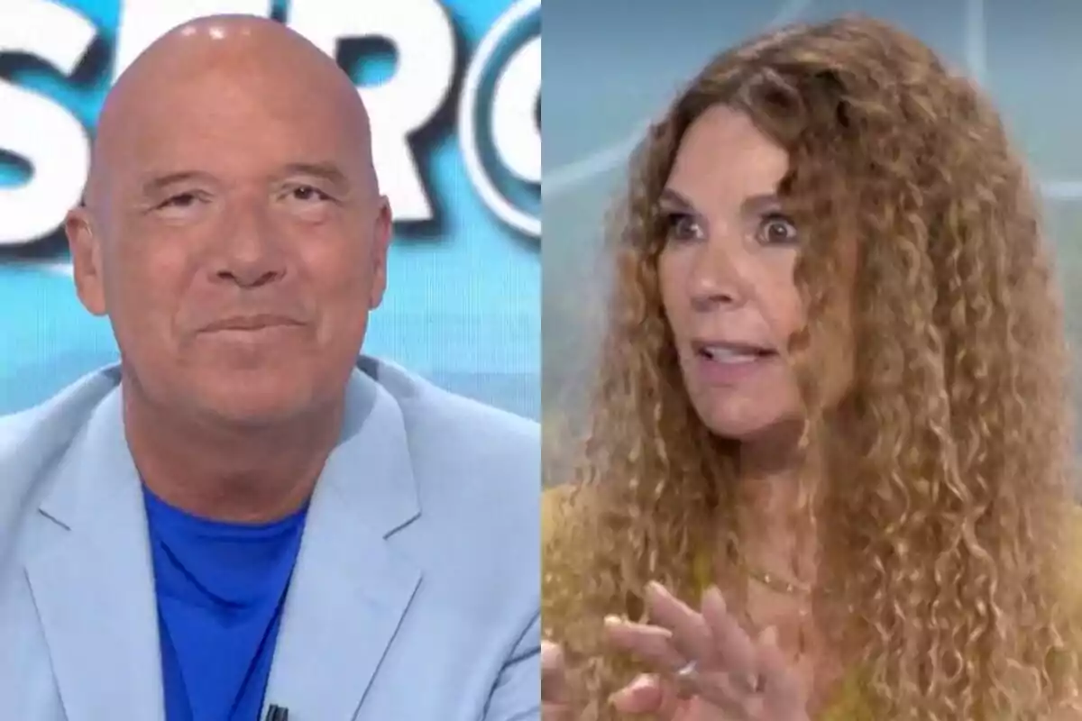Dos personas en un programa de televisión, Aruser@s, Alfonso Arús calvo con chaqueta azul claro y Angie Cárdenas con cabello rizado y expresión atenta.