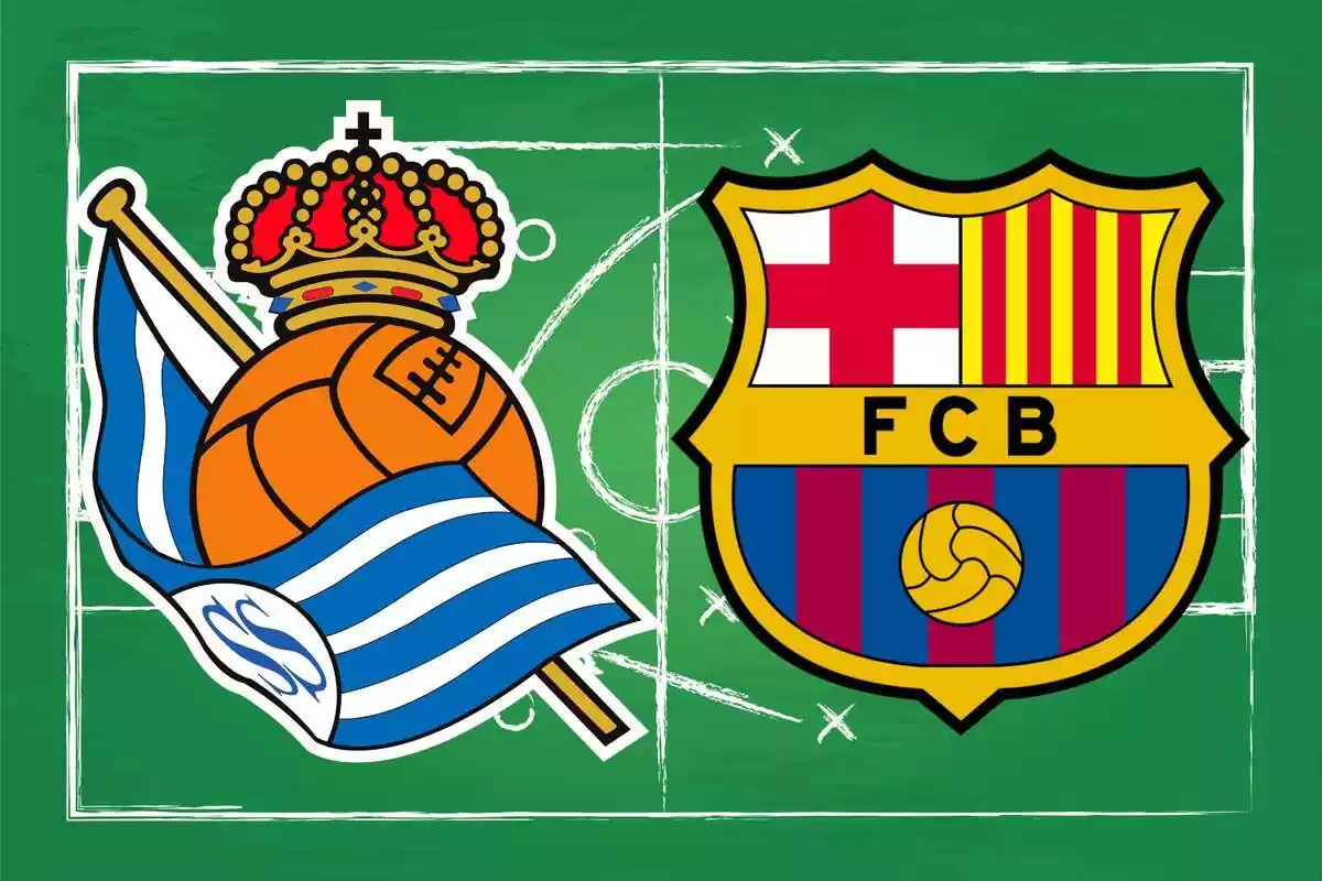 Montaje de una pizarra de fútbol con los escudos de la Real Sociedad y el FC Barcelona