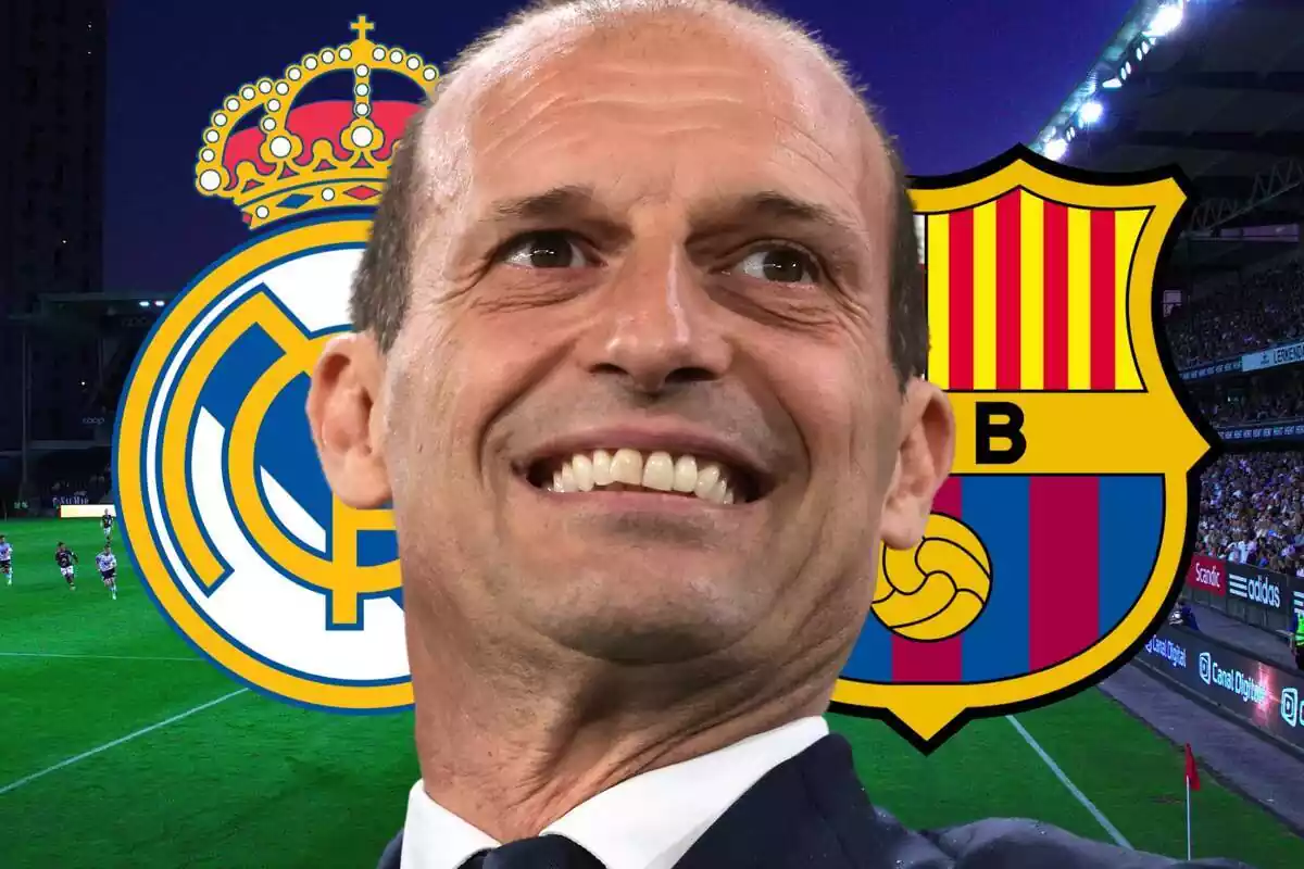 Massimiliano Allegri junto a los escudos del Real Madrid y el FC Barcelona