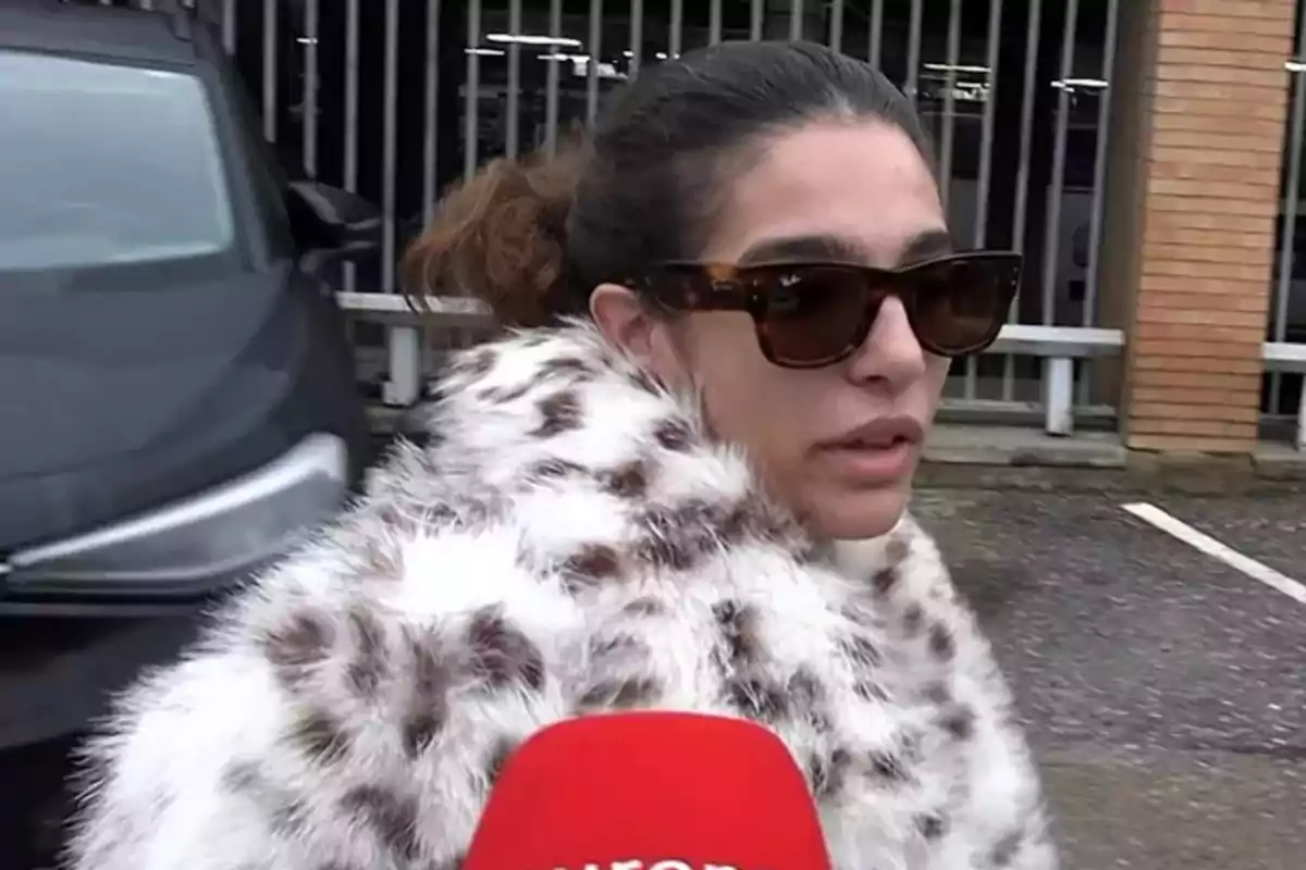 Alma Bollo con gafas de sol y un abrigo de piel estampado es entrevistada frente a un coche y una reja. Alma Bollo con gafas de sol y un abrigo de piel estampado es entrevistada frente a un coche y una reja.