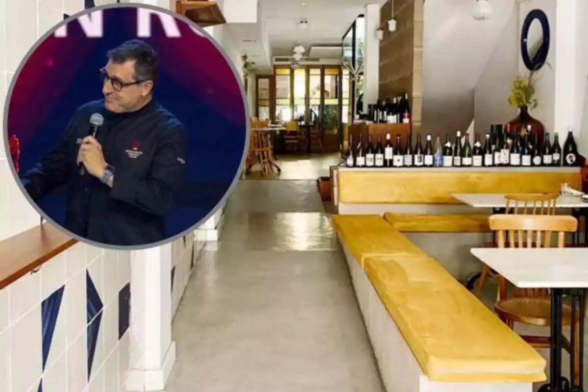 Yn restaurante con una barra de madera con botellas de maridaje encima y en la esquina superior izquierda a Josep Roca en la Gala de los premios Michelin