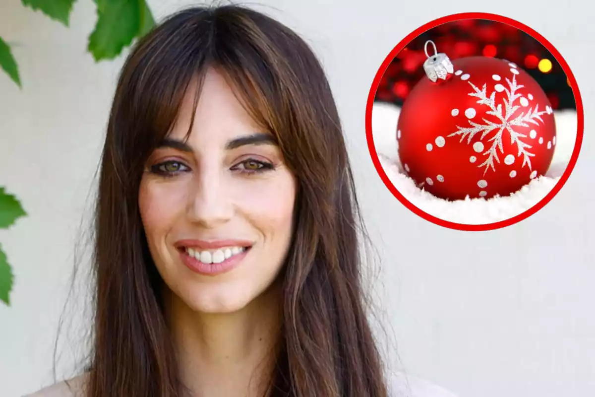 Foto en primer plano de almudena cid con un montaje de una bola de un árbol de Navidad