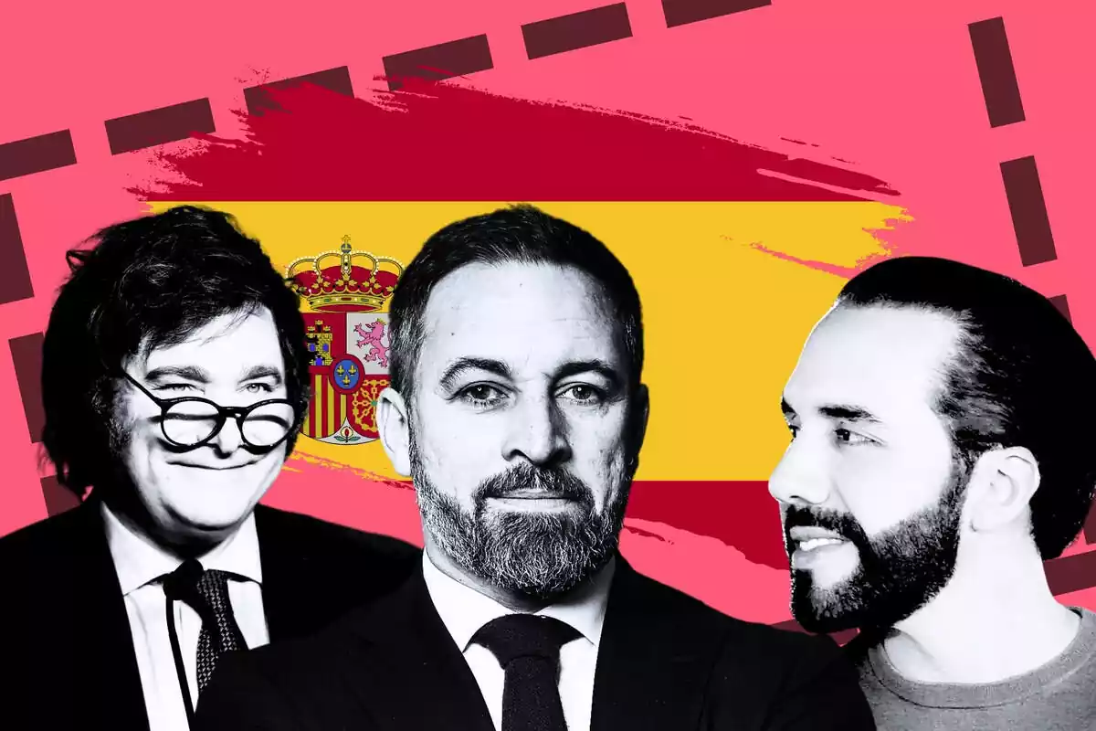 montaje con Javier Milei, Santiago Abascal y Nayib Bukele con la bandera española de fondo