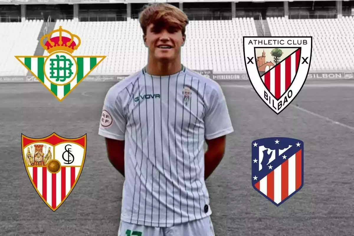 Montaje de Álvaro Prieto con los escudos de Atleti, Sevilla, Betis y Athletic alrededor