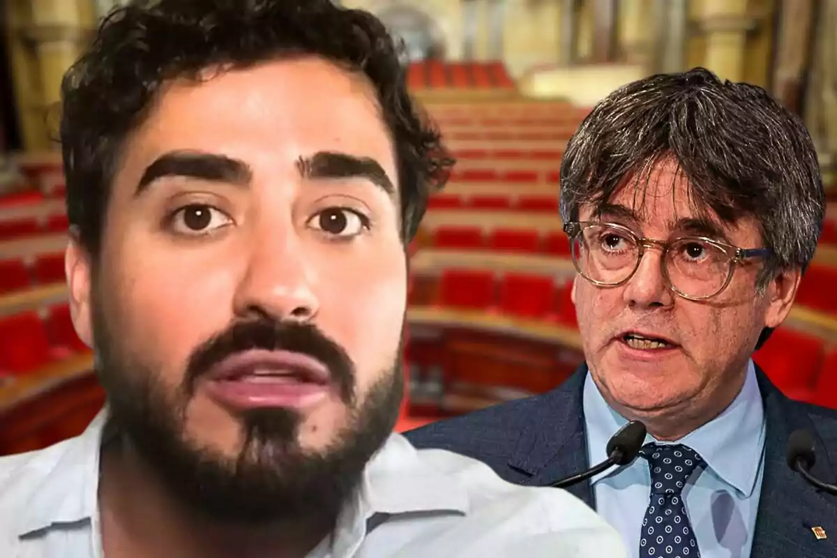 Alvise Pérez y Carles Puigdemont en primer plano con un fondo del Parlament de Catalunya