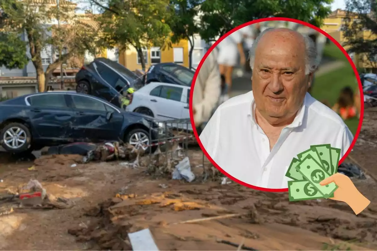 Una escena de coches dañados en un entorno urbano con un hombre mayor en un círculo rojo superpuesto y un icono de mano sosteniendo dinero.