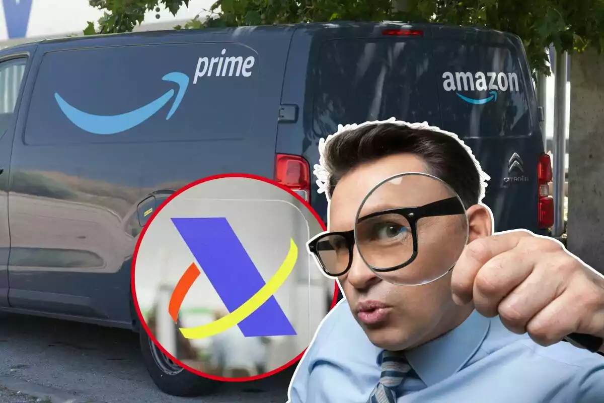 Un hombre con gafas sostiene una lupa frente a una furgoneta de Amazon Prime y un logotipo de una agencia tributaria.