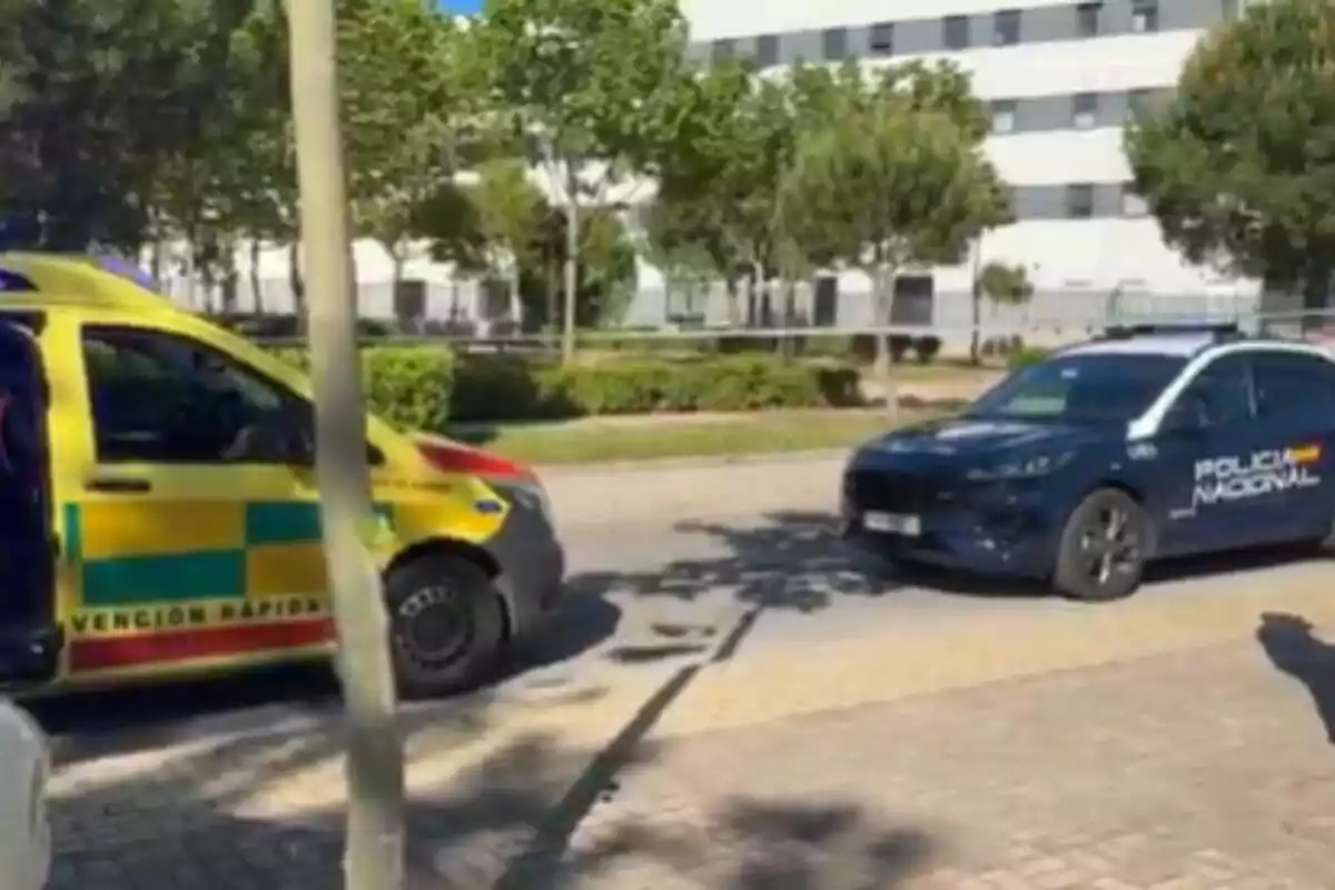 Una ambulancia amarilla y un coche de la Policía Nacional están estacionados en una calle arbolada frente a un edificio blanco. Una ambulancia amarilla y un coche de la Policía Nacional están estacionados en una calle arbolada frente a un edificio blanco.