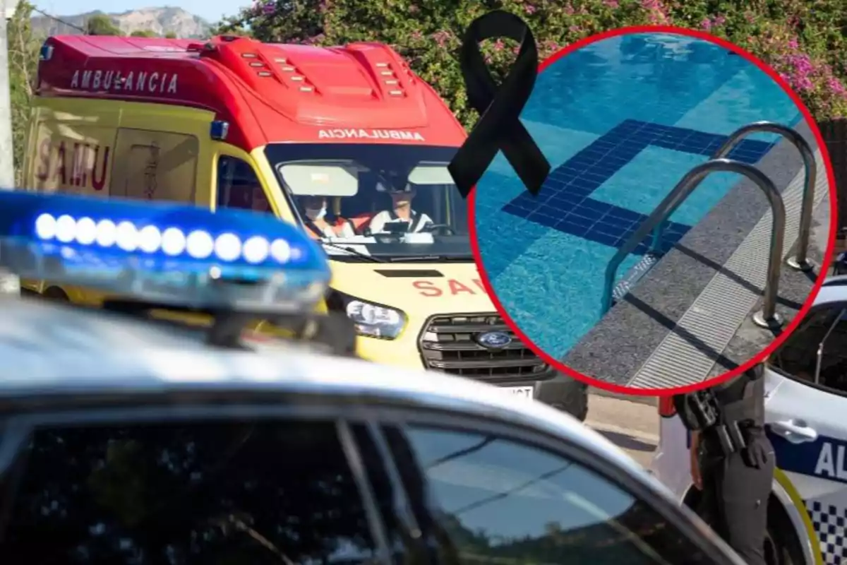 Una ambulancia y un coche de policía están presentes en una escena que incluye una piscina, destacada en un círculo rojo con un lazo negro.