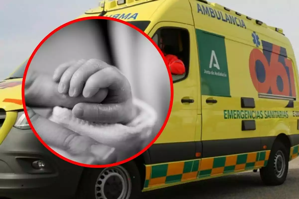 Una ambulancia amarilla de emergencias sanitarias con un círculo rojo que muestra la mano de un bebé agarrando un dedo.