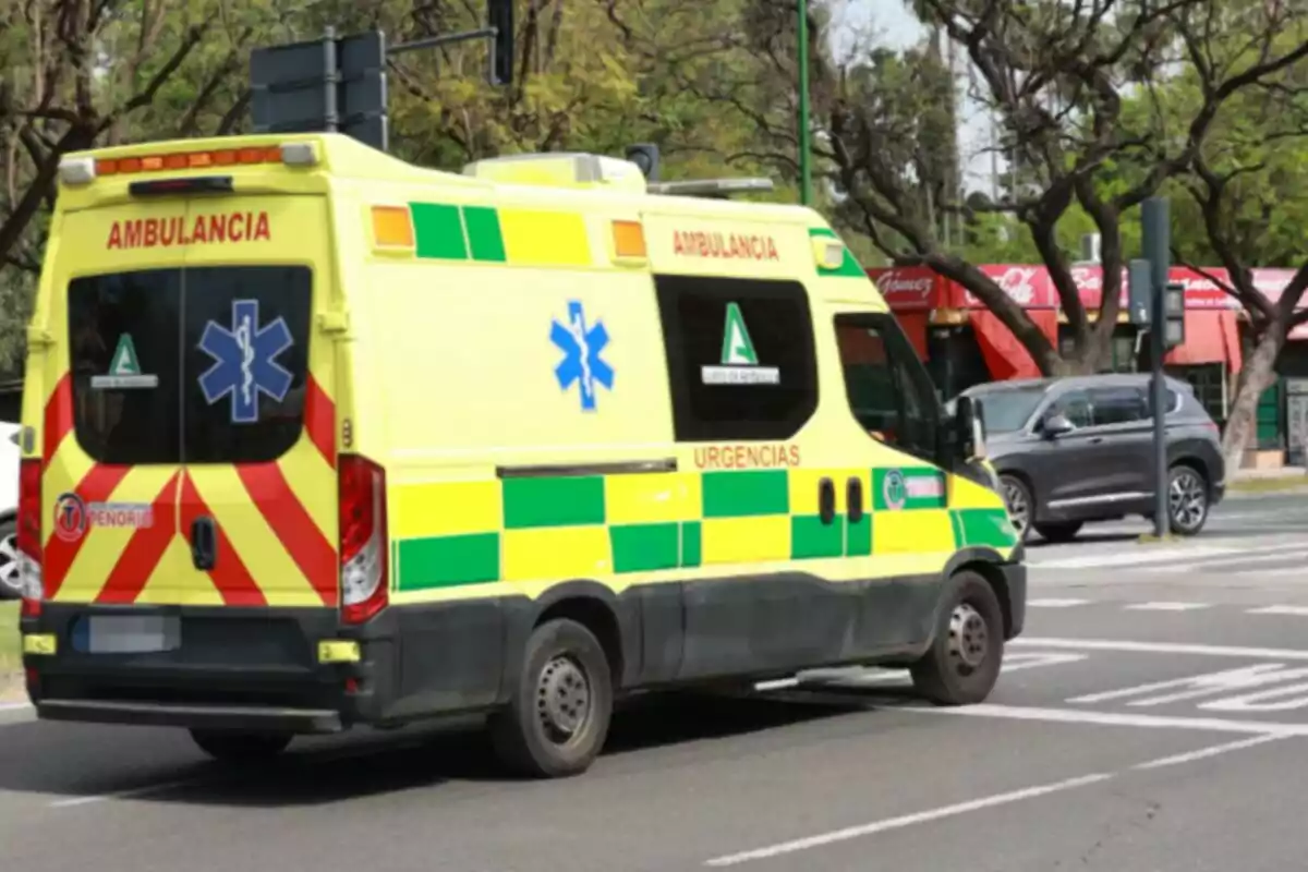Una ambulancia amarilla y verde circula por una calle con árboles y un coche gris al fondo. Una ambulancia amarilla y verde circula por una calle con árboles y un coche gris al fondo.