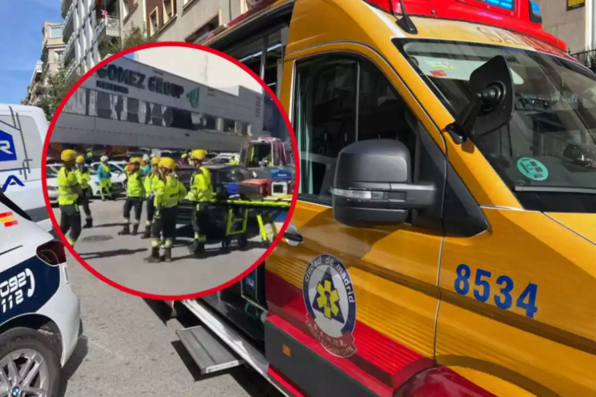 Montaje con una ambulancia y unos sanitarios rescatando