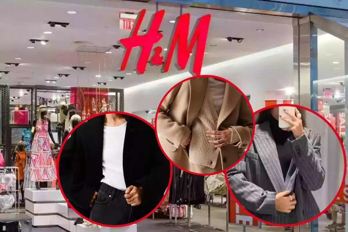 Imagen de fondo de una tienda H&M y otras tres de personas posando con una americana de la marca en tres colores distintos