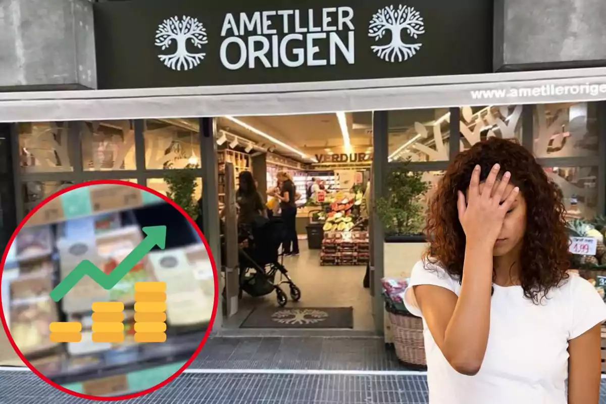 Supermercado Ametller Origen, mujer decepcionada, circulo rojo con productos dentro, icono de subida de precio
