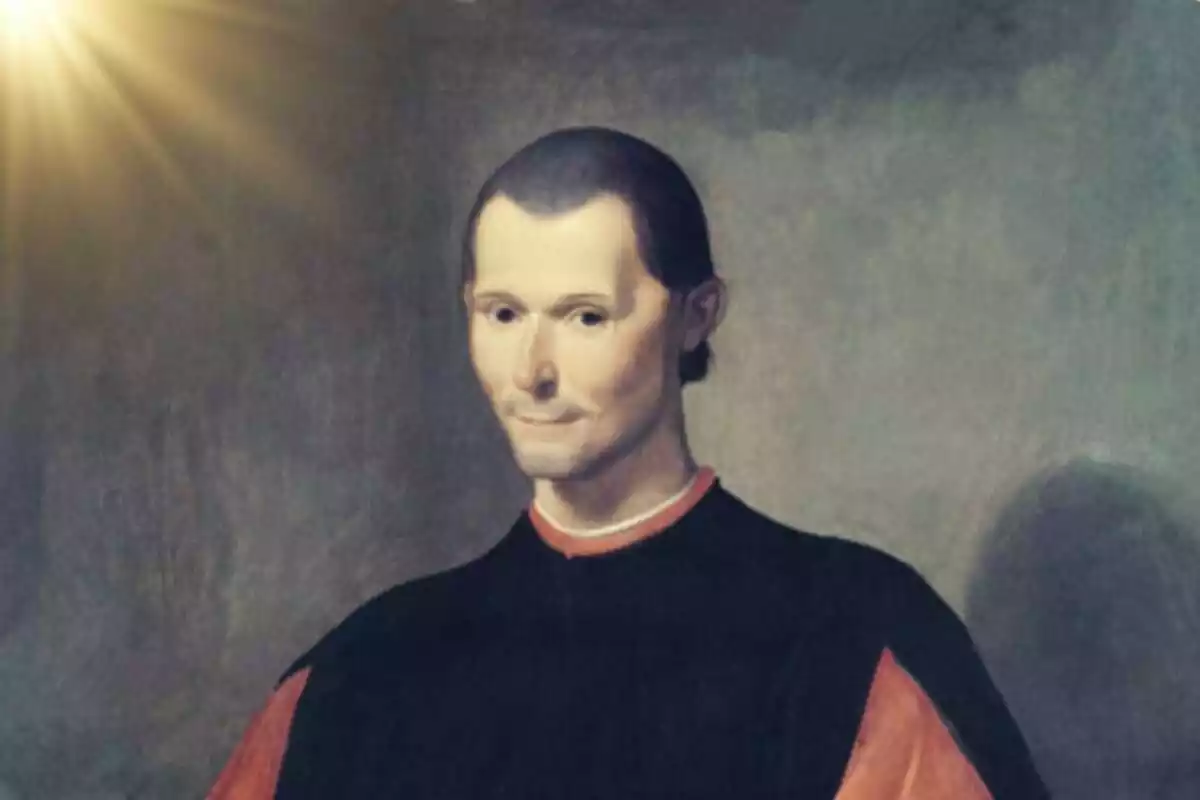 Ampliación de retrato de Maquiavelo pintado por Santi di Tito con luz en a parte superior izquierda