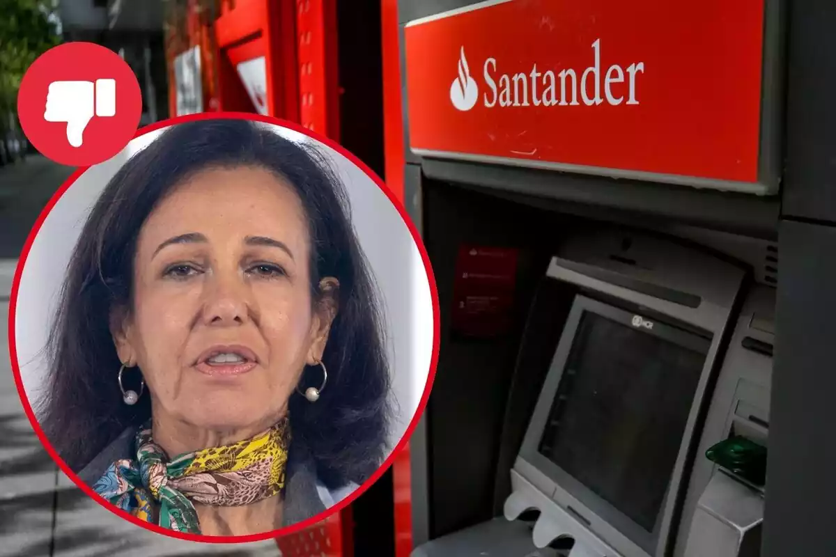 Imagen de fondo de un cajero del banco Santander en la calle y otra imagen en primer plano de Ana Botín