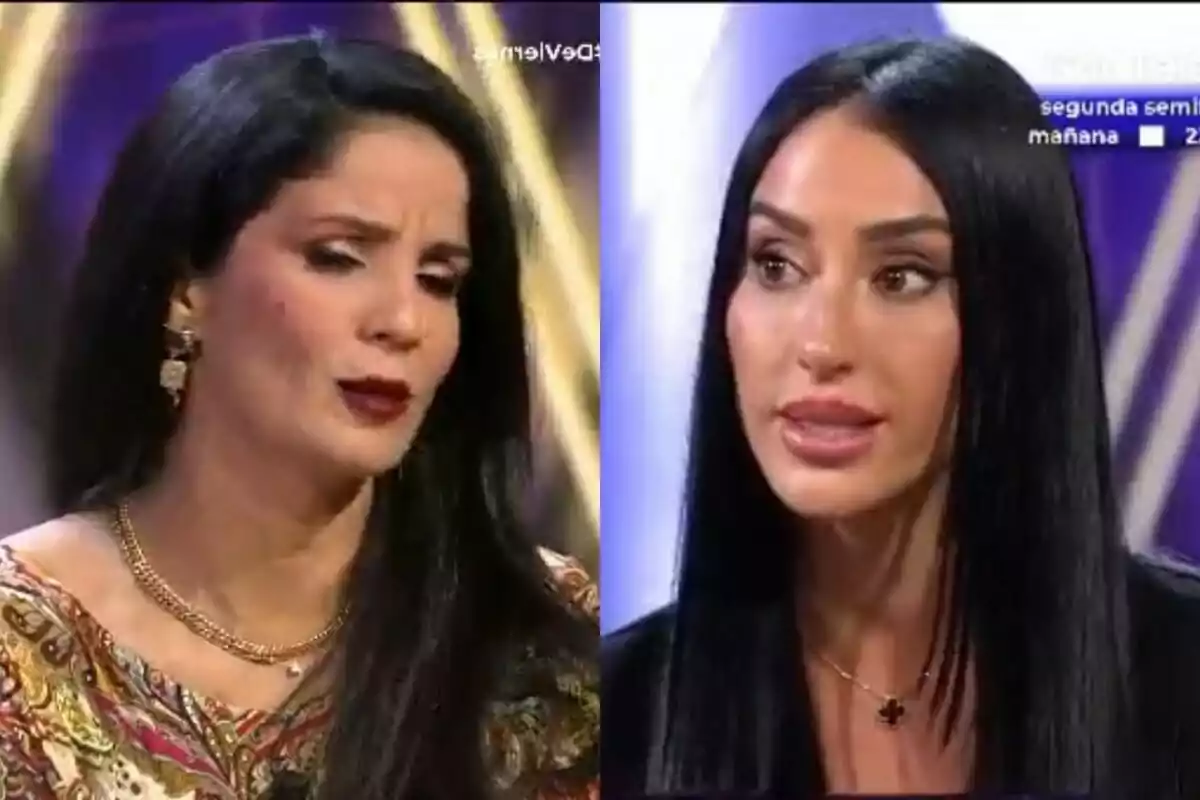 Ana Herminia y Aurah Ruiz con cabello oscuro en De Viernes, una de ellas lleva un vestido colorido y la otra una blusa negra.