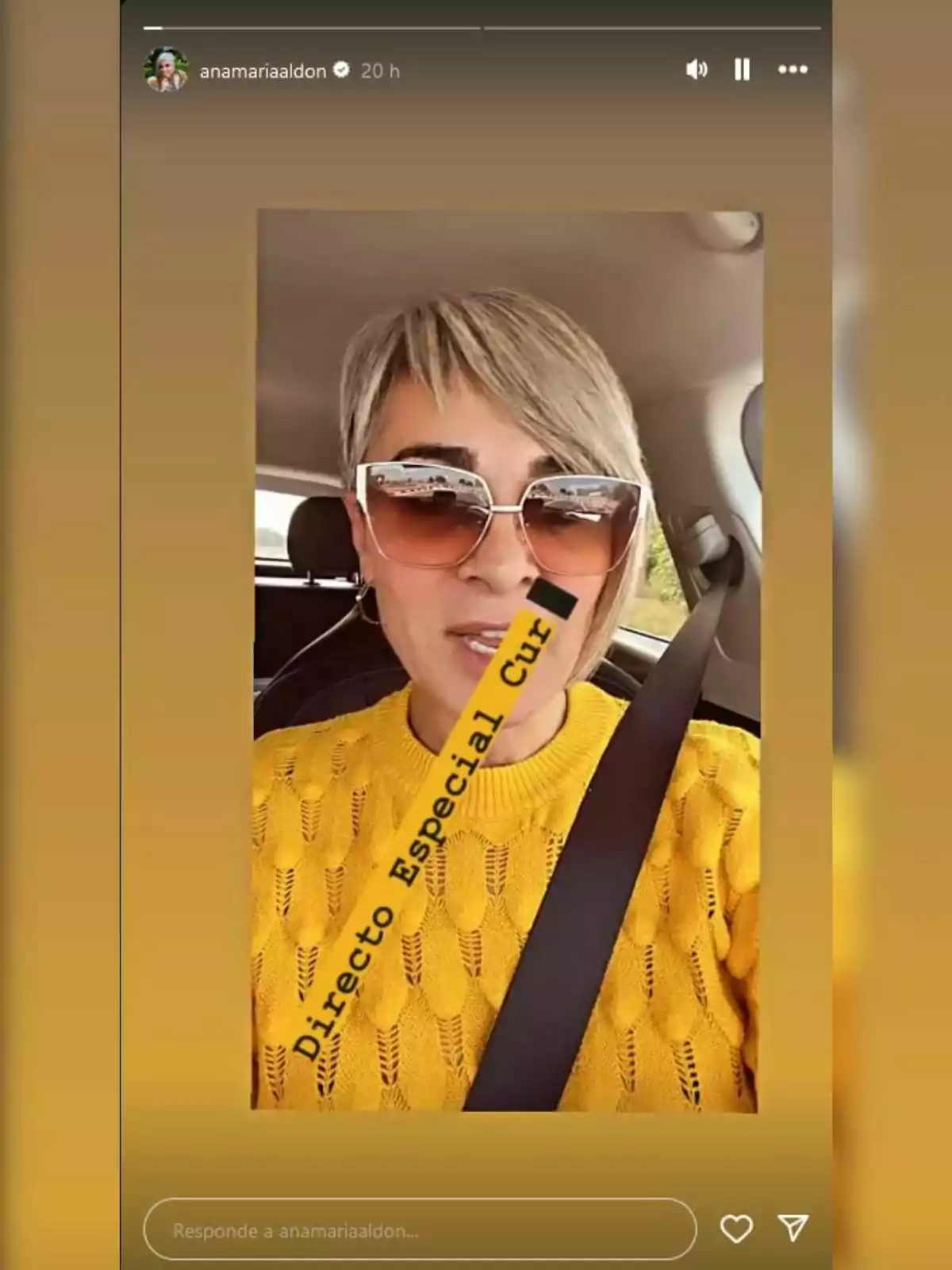 Ana María Aldón con gafas de sol y suéter amarillo en un coche, con el texto Ana María Aldón con gafas de sol y suéter amarillo en un coche, con el texto