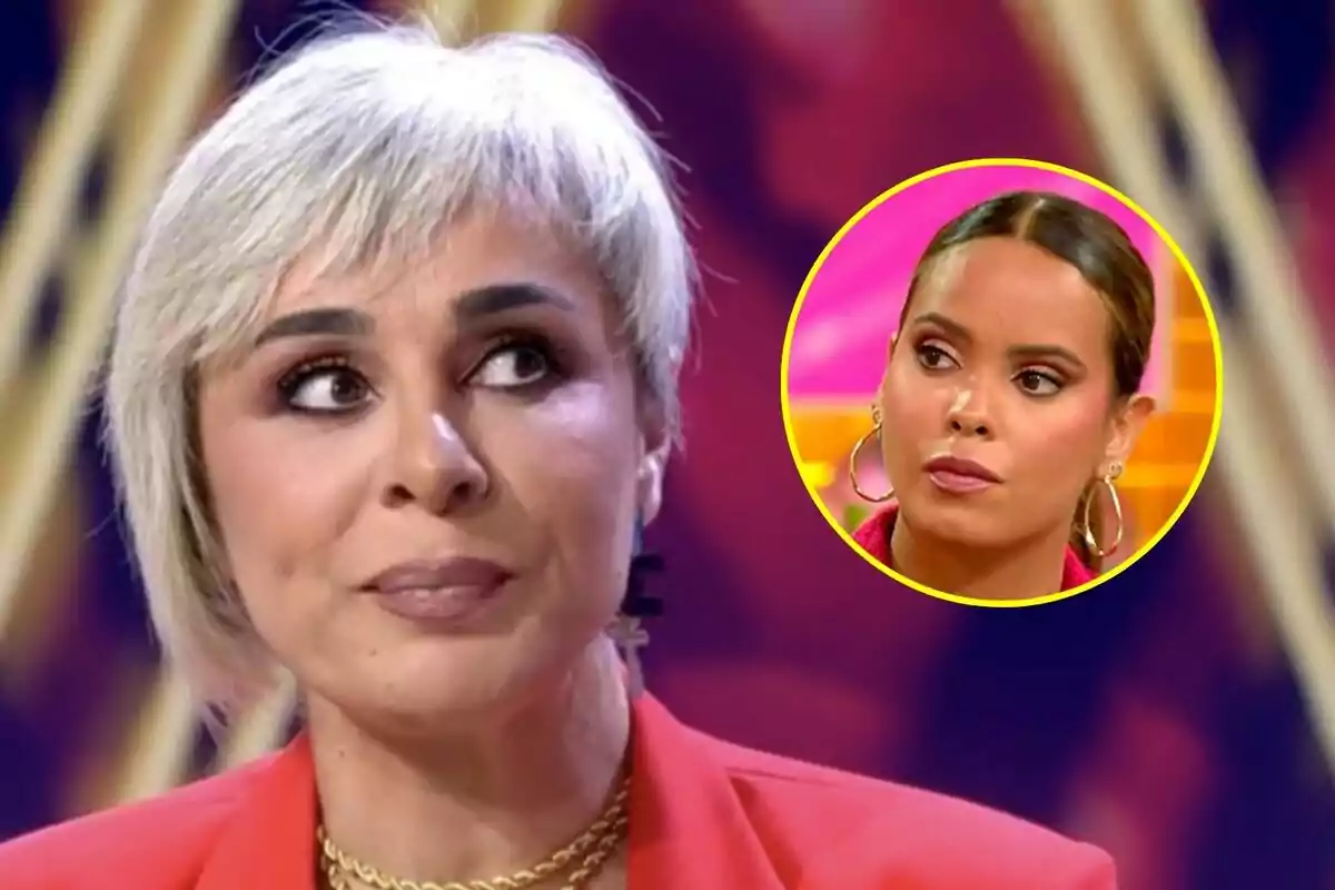 Ana María Aldón de cabello corto y rubio mira hacia un lado en De Viernes mientras Gloria Camila aparece en un círculo amarillo en la esquina superior derecha.