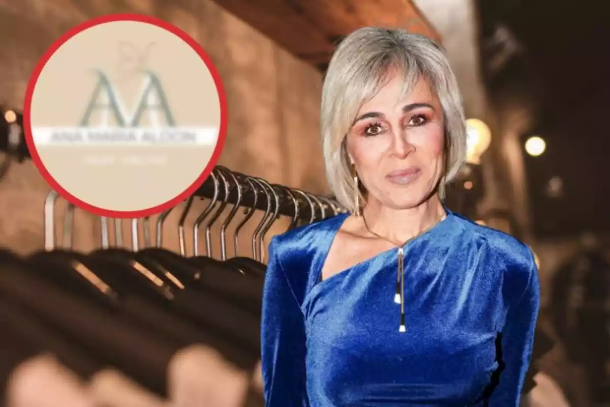 Ana Maria Aldón sobre un fondo de perchas y una imagen en un círculo en borroso de su marca de ropa