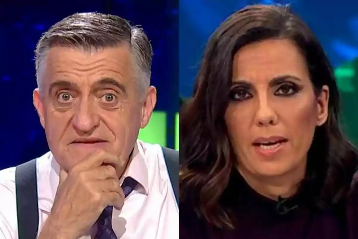 Dos presentadores de televisión en un programa con fondo azul y verde, el Gran Wyoming con camisa clara y tirantes en El Intermedio y Ana Pastor con cabello oscuro suelto y maquillaje marcado en El Objetivo