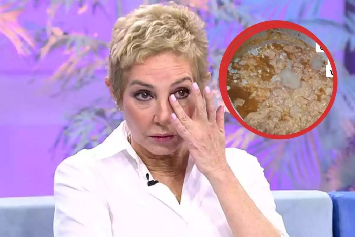 Ana Rosa Quitana llorando y a su lado un círculo con comida podrida