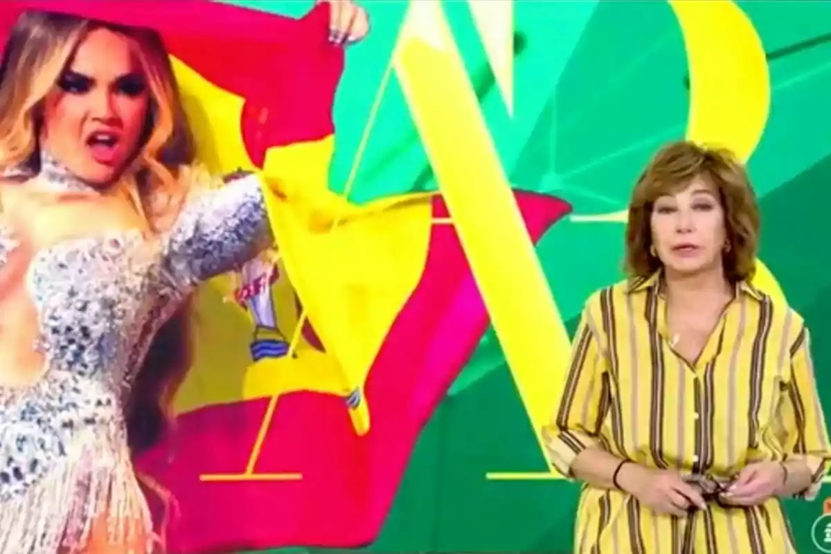 Melody con un vestido brillante sostiene una bandera de España en Eurovisión mientras Ana Rosa Quintana con una camisa de rayas habla frente a una pantalla colorida en El Programa de Ana Rosa. Melody con un vestido brillante sostiene una bandera de España en Eurovisión mientras Ana Rosa Quintana con una camisa de rayas habla frente a una pantalla colorida en El Programa de Ana Rosa.