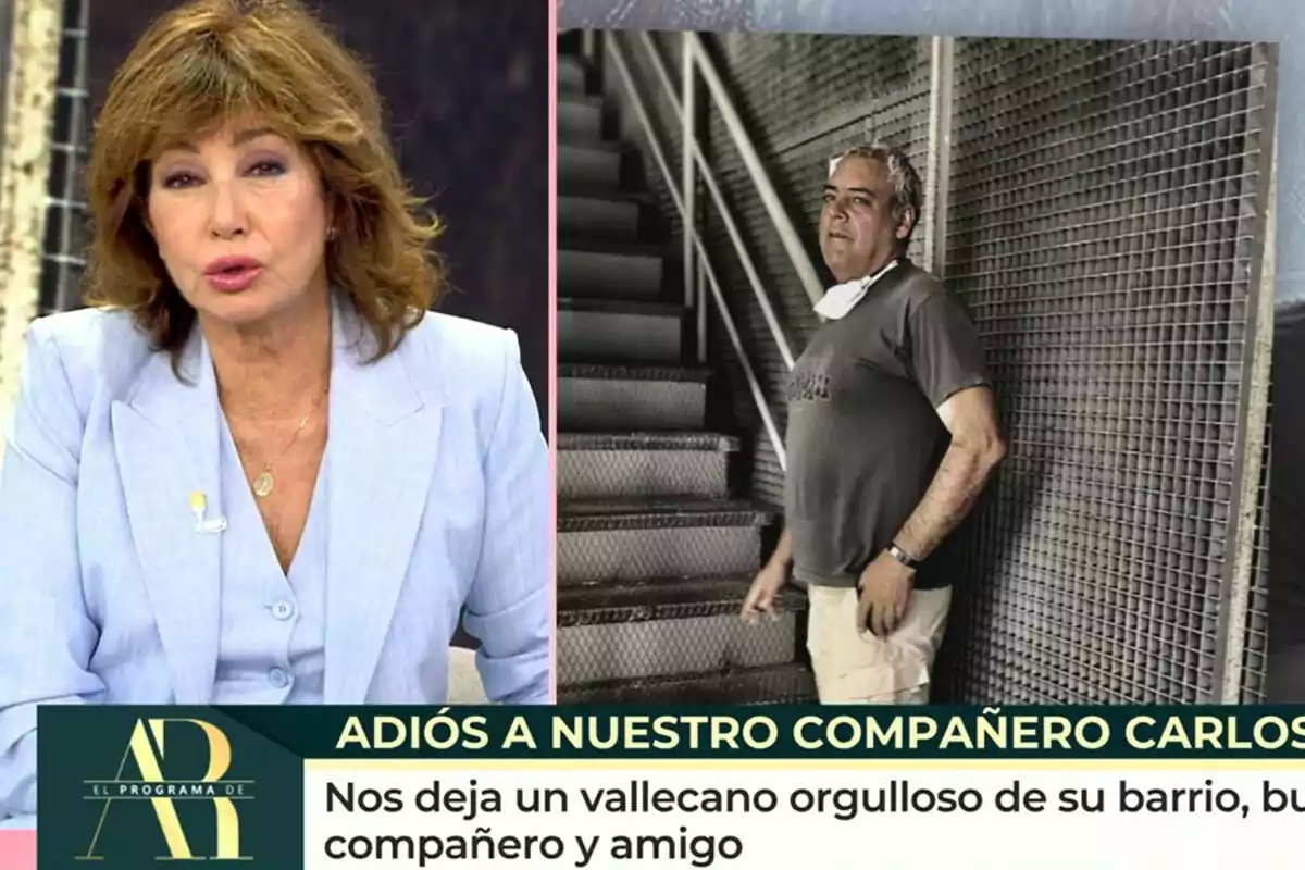 Ana Rosa Quintana en El Programa de Ana Rosa está en un estudio, mientras que a su lado hay una imagen de un hombre de pie junto a unas escaleras; en la parte inferior, un mensaje de despedida para un compañero. Ana Rosa Quintana en El Programa de Ana Rosa está en un estudio, mientras que a su lado hay una imagen de un hombre de pie junto a unas escaleras; en la parte inferior, un mensaje de despedida para un compañero.