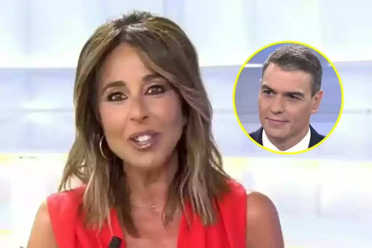 Ana Terradillos con cabello castaño y vestido rojo en La Mirada Crítica aparece en primer plano mientras Pedro Sánchez en un círculo amarillo se muestra en la esquina superior derecha.